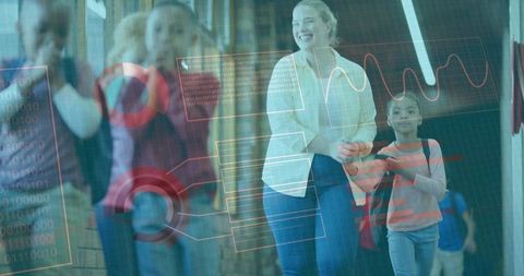 Woman Leading School Children Through Corridor With Futuristic Digital HUD Overlay