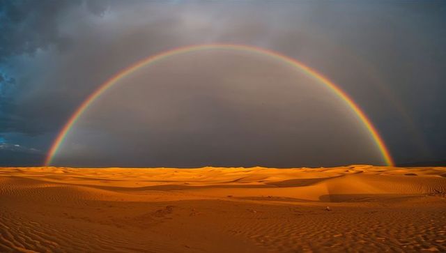 Full-Arc Rainbow Arching Over Golden Desert Dunes with Dramatic Storm Sky