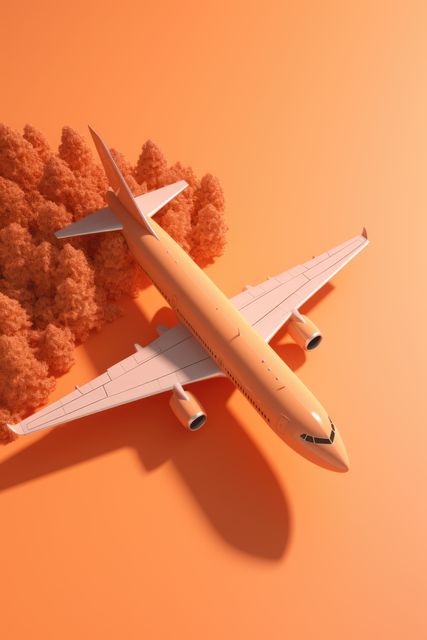 White passenger jet plane and trees on orange, copy space, created using generative ai technology. Air transport, travel and vacations, digitally generated image.