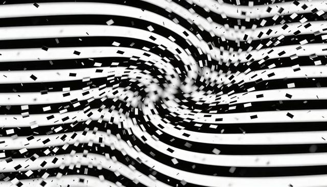 Swirling monochrome vortex of warped black and white stripes with scattered confetti