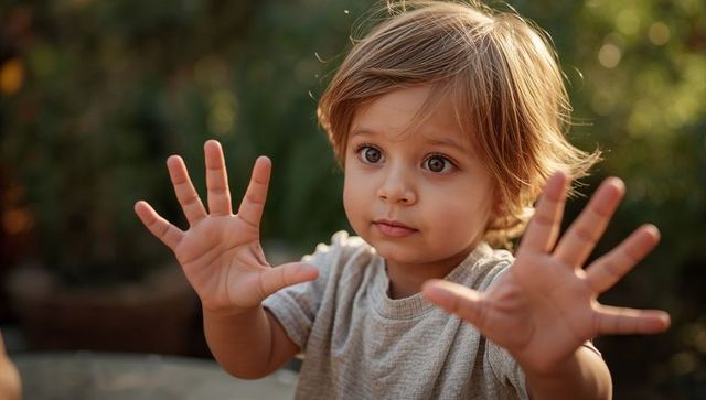 Curious toddler reaching hands toward camera in sunlit backyard