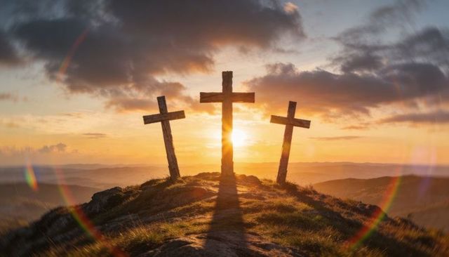 Sunrise bathing three weathered wooden crosses on hilltop with golden lens flare