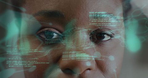 Futuristic ai interface overlay on african american woman's face