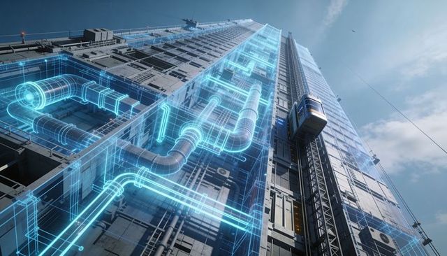 Visualizing holographic building systems along highrise facade with external elevator