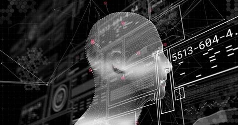 Wireframe Digital Head Interacting with Futuristic HUD, Mesh Avatar and Data Readouts