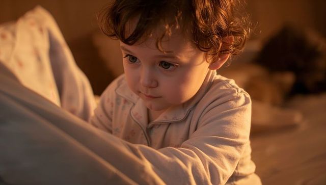 Cozy toddler in soft pajamas gazing down while touching blanket and pillows at bedtime
