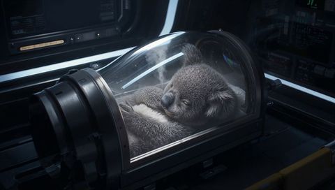 Sleeping koala curled peacefully inside futuristic incubator pod in sterile research lab