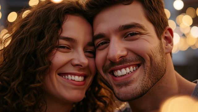 Smiling couple leaning cheek-to-cheek under warm bokeh string lights, romantic evening