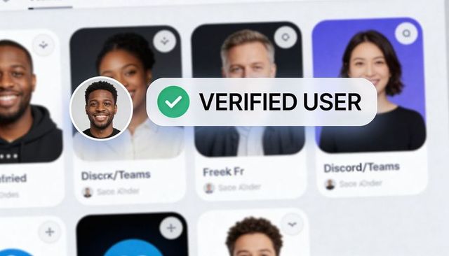 Verified user badge over digital profile grid with avatar and green checkmark interface