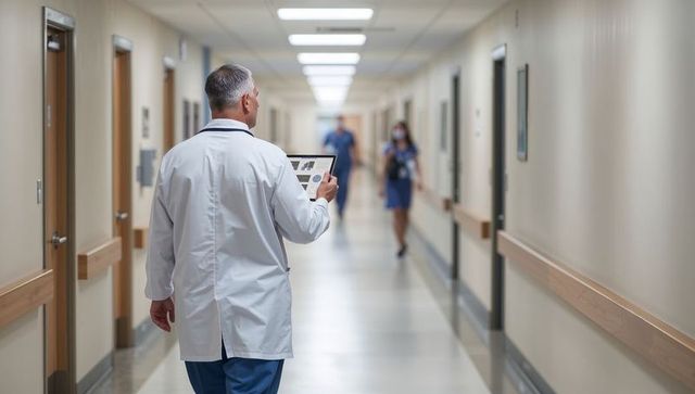 Physician walking hospital corridor holding tablet reviewing patient data in modern clinic