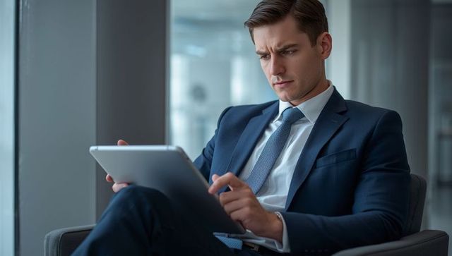 Business professional engaging with tablet in modern office lounge