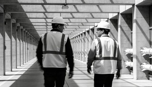 Two workers inspecting concrete corridor wearing hard hats and hi-vis vests