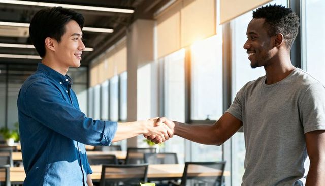 Two professionals shaking hands in modern coworking space during friendly business meeting