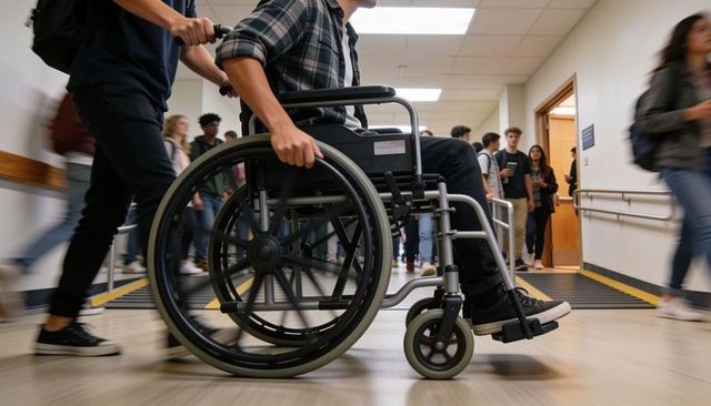 Student in wheelchair navigating busy school hallway with peer pushing promoting inclusion