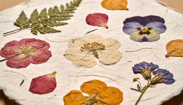 Displaying pressed fern, pansy, rose and petals on handmade textured paper botanical craft