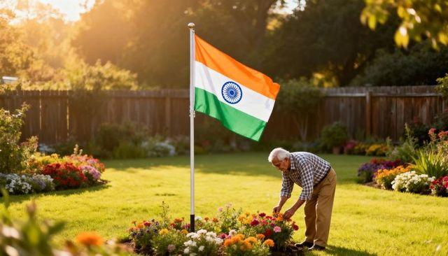Senior man tending colorful garden beside indian flag on flagpole in sunny backyard