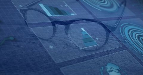 Holographic Data Reflected on Eyeglasses Shows Futuristic Digital Visualization