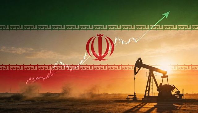 Iran oil pumpjack silhouette at sunset with rising market arrow, energy economy concept
