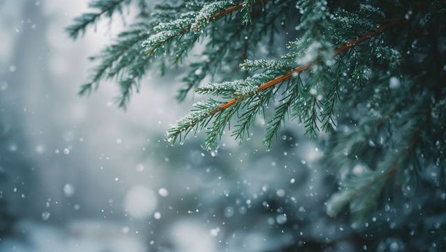 Evergreen branches adorned with frost and falling snowflakes