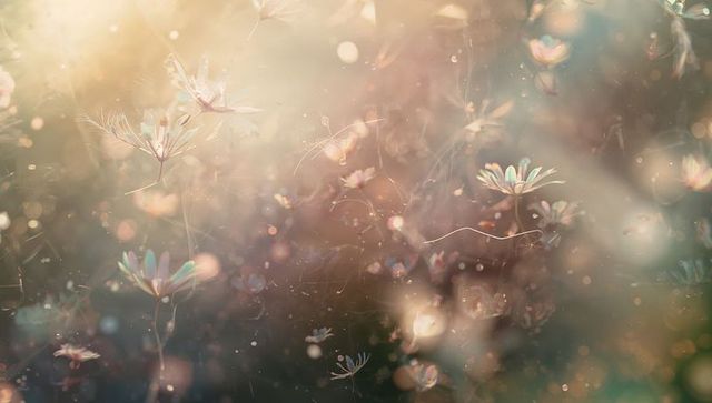 Ethereal wildflower seeds floating in golden bokeh light, dreamy delicate nature closeup
