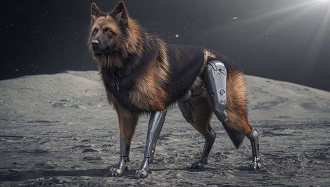 Standing cybernetic wolf-like canine with prosthetic limbs on moonlit lunar plain