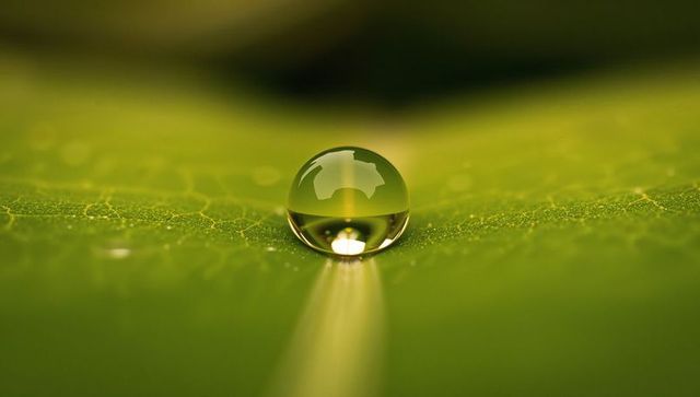 Crystal Dewdrop Amplifying Leaf Veins on Vibrant Green Macro Surface with Soft Bokeh