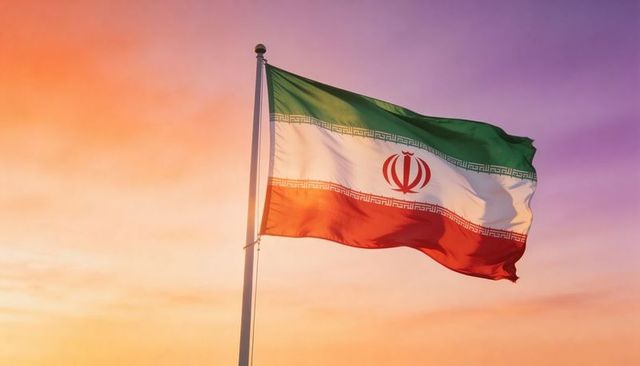 Waving iranian flag at sunset with kufic border and red emblem on metal pole