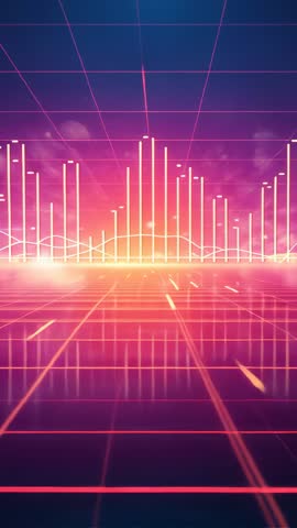 Vertical neon equalizer bars animating on grid with synthwave glow and rhythmic streaks