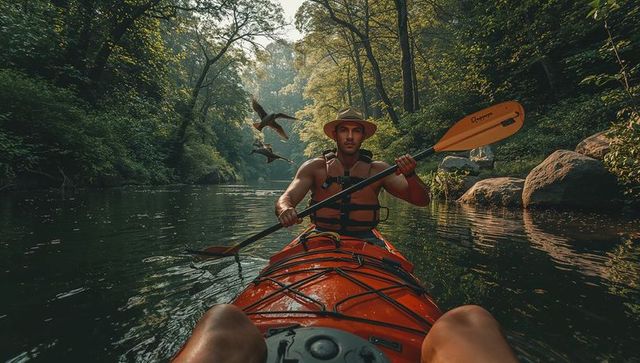 Paddling sunlit forest creek with male kayaker in orange kayak wearing life vest and hat