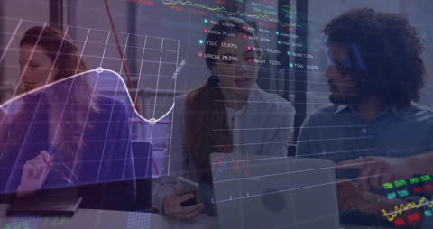 Diverse Team Analyzing Data with Projected Financial Graphs