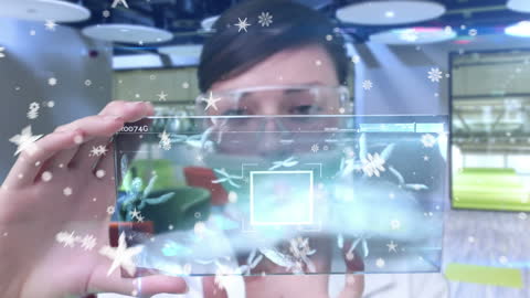 Female Doctor Exploring Futuristic Digital Interface with Shapes