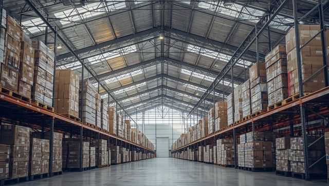 Vast Warehouse Interior with Tall Pallet Racks and Central Aisle