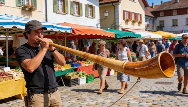 Street musician playing alphorn in vibrant european market square
