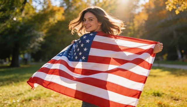 Smiling woman wrapping american flag in sunlit autumn park celebrating freedom, joyful