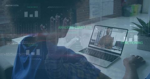 Remote team collaborating with augmented HUD overlays during video conference meeting