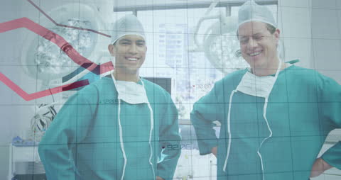 Animation of Financial Data Overlay with Diverse Doctors in Surgical Attire