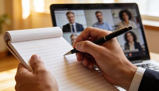 Professional taking notes during remote video meeting on laptop