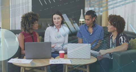 Diverse Team Collaborating with Data Overlays in Modern Workspace - Download Free Stock Images Pikwizard.com