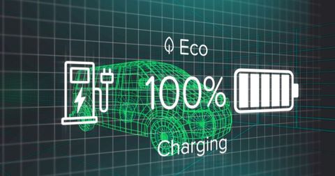 Green wireframe electric car displaying 100% charging with battery and charger icons