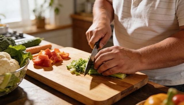 Man chopping vegetables on wooden cutting board in rustic kitchen, hands close-up, daylight