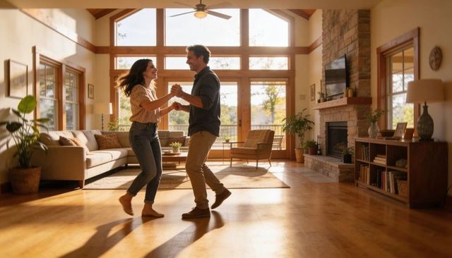 Sunlit living room couple dancing barefoot, smiling, cozy home romance and intimacy