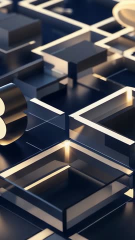 Starting pan moving Bitcoin symbol across illuminated cube network vertical crypto video