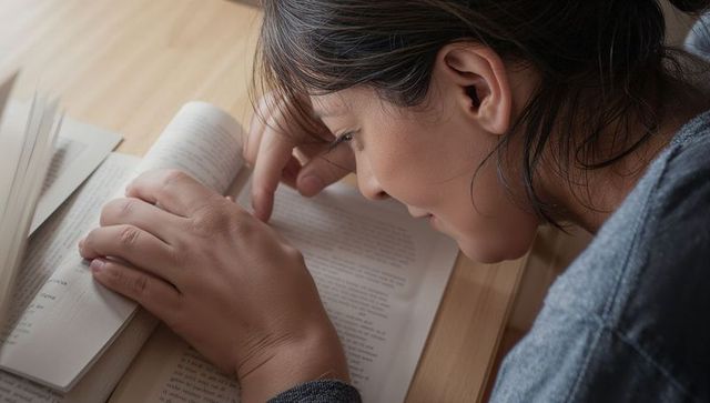 Girl reading intently tracing text with finger on open paperback at light wood table
