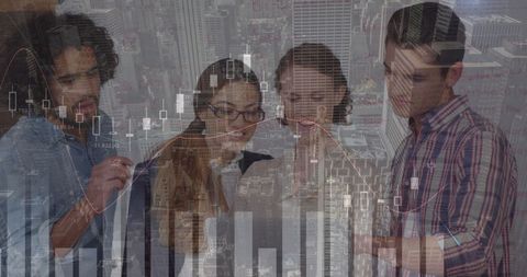 Global Business Team Analyzing Financial Data with Cityscape Overlay