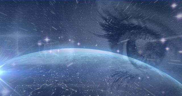 Image of glowing stars and earth and geometric figures over woman's eye - Download Free Stock Photos Pikwizard.com
