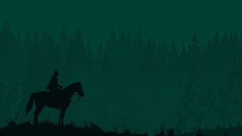 Silhouetted rider on horse with forest background