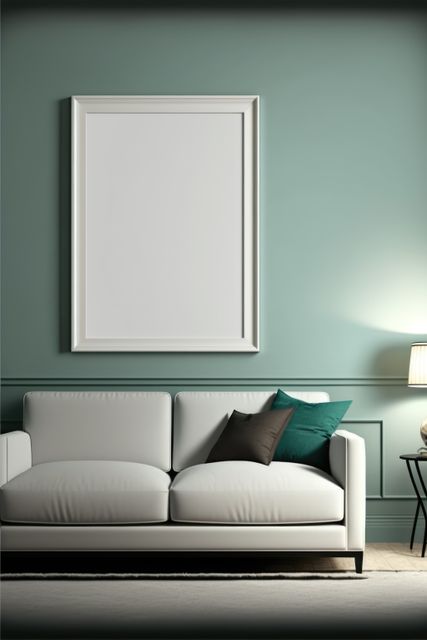 Living room with blank photoframe on wall with copy space, created using generative ai technology. House interior and photoframe concept digitally generated image.