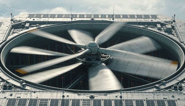 Rooftop axial fan spinning on industrial cooling plant with controller signal, motion blur