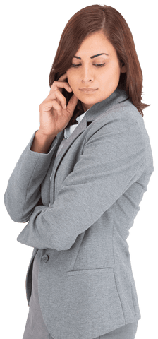 Thoughtful Businesswoman in Grey Suit on Transparent Background