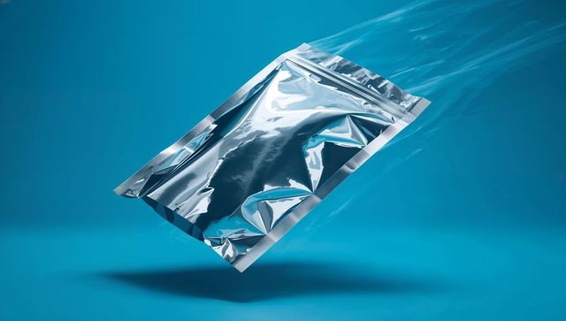 Floating metallic packaging bag with zip-lock on blue background